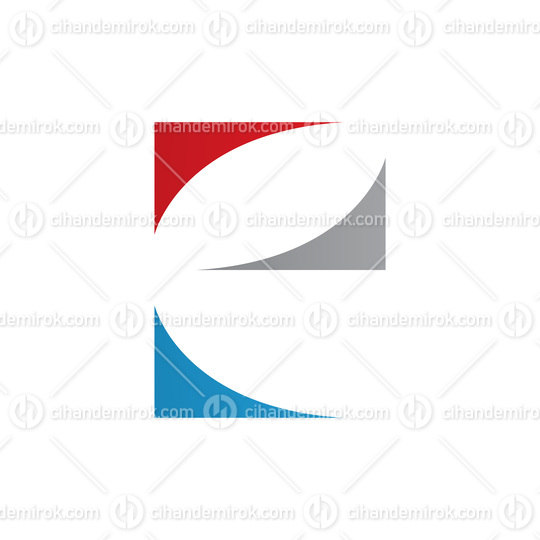 Red Blue and Grey Lowercase Letter E Icon with Curvy Triangles