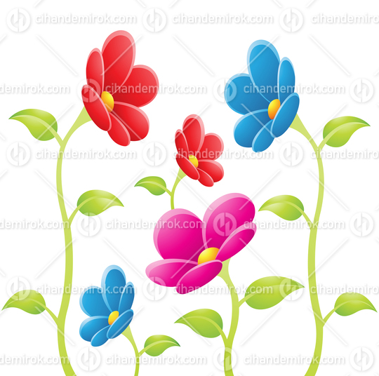 Red Blue and Magenta Flowers with Leaves
