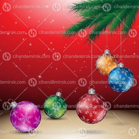 Red Christmas Background with Glossy Colorful Balls