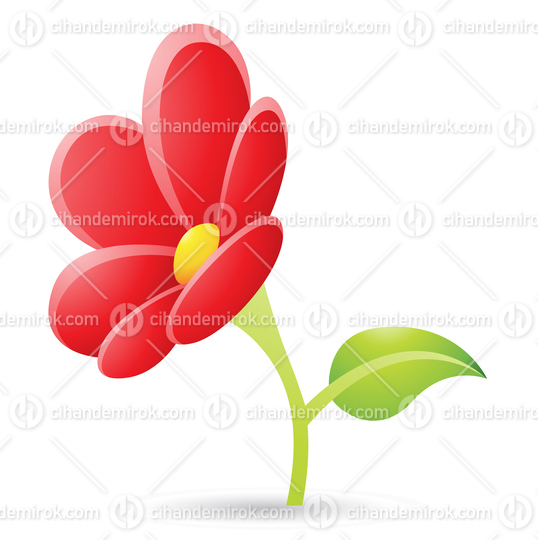 Red Flower with Green Leaf Cartoon Icon