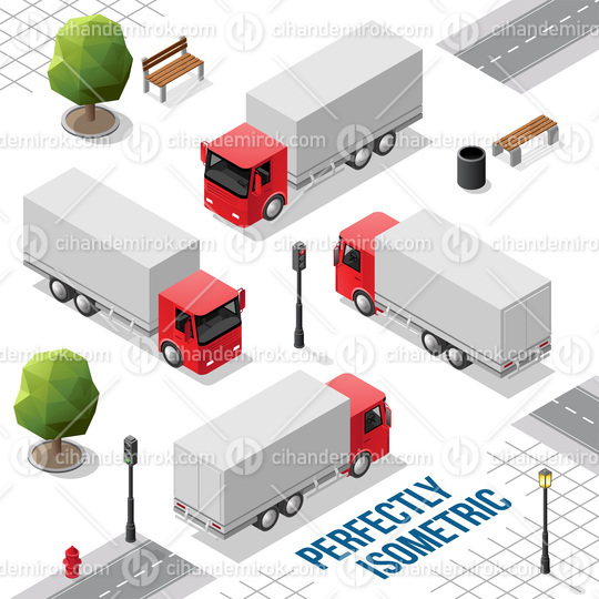 Red Isometric Big Truck from the Front Back Right and Left Views