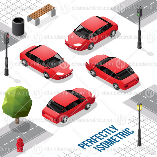 Red Isometric Car from Front Back Right and Left