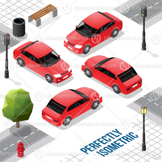 Red Isometric Long Car from Front Back Right and Left