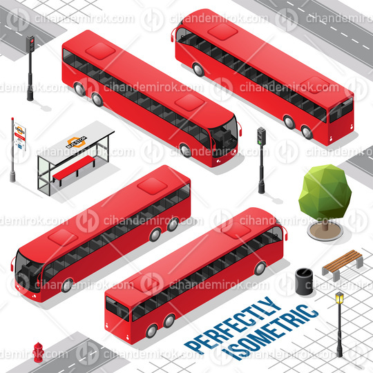 Red Long Isometric Bus from the Front Back Right and Left