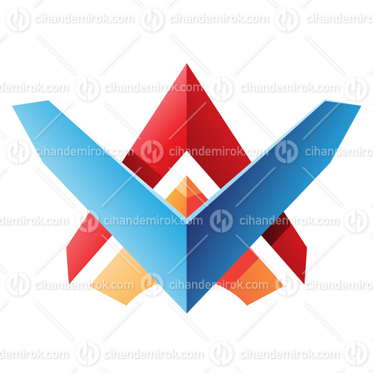 Red Orange and Blue Arrow Shaped Tribal Symbol with Blade Like Edges 