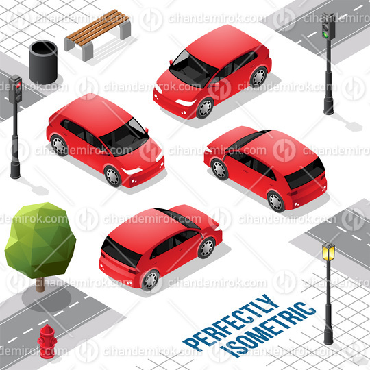 Red Small Isometric Car from Front Back Right and Left