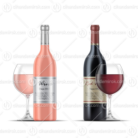 Rose Wine and Red Wine Bottles and Wine Glasses