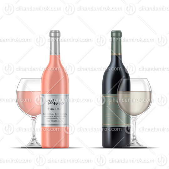 Rose Wine and White Wine Bottles and Wine Glasses