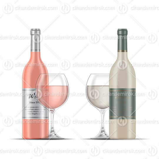 Rose Wine and White Wine Glasses and Wine Bottles
