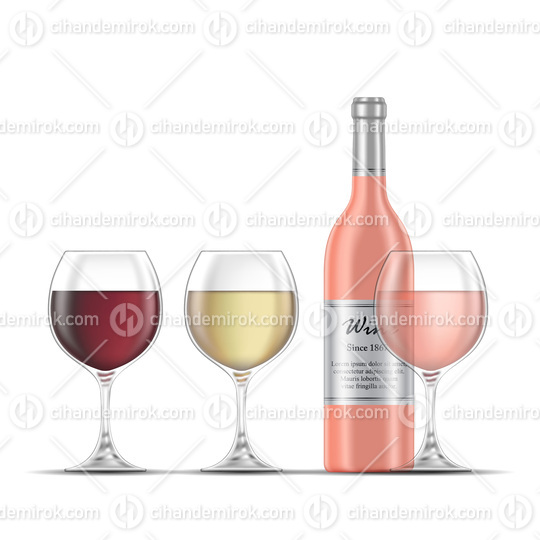 Rose Wine Bottle and Three Wine Glasses
