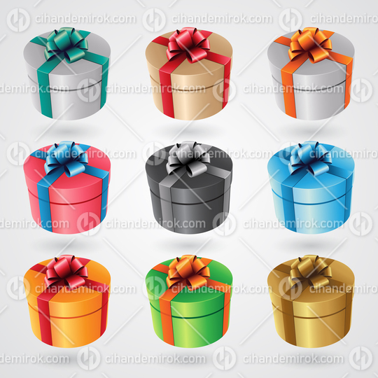 Round Gift Boxes with Glossy Ribbons - Set 1 Vector Illustration