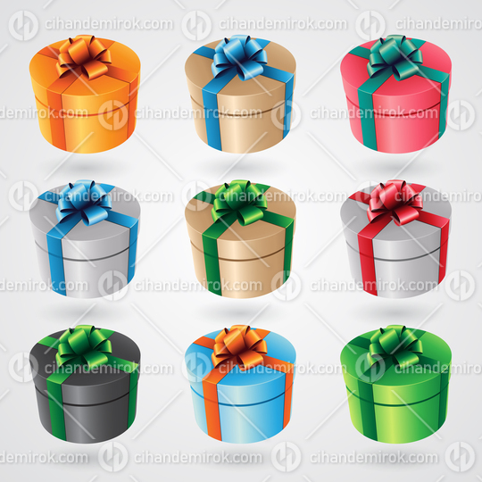 Round Gift Boxes with Glossy Ribbons - Set 2 Vector Illustration