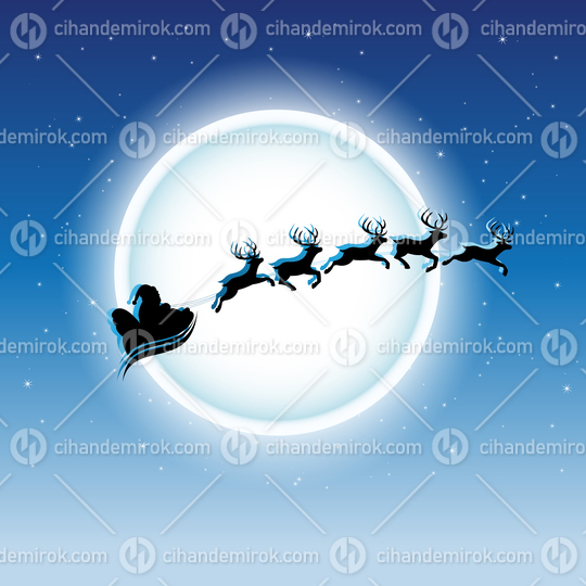 Santa and Reindeers over Blue Starry Night Sky Vector Illustration