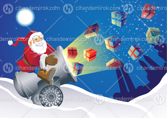 Santa Claus Delivering the Gifts with a Cannon
