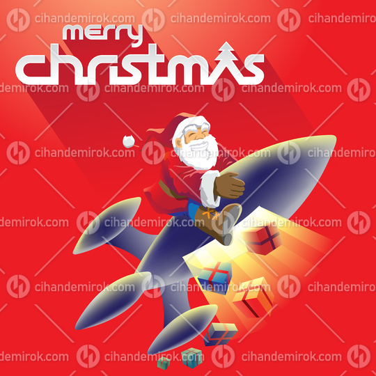 Santa Claus Flying on a Rocket over a Red Background