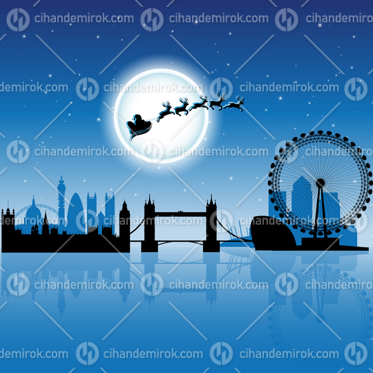 Santa In London over Blue Night Sky Vector Illustration
