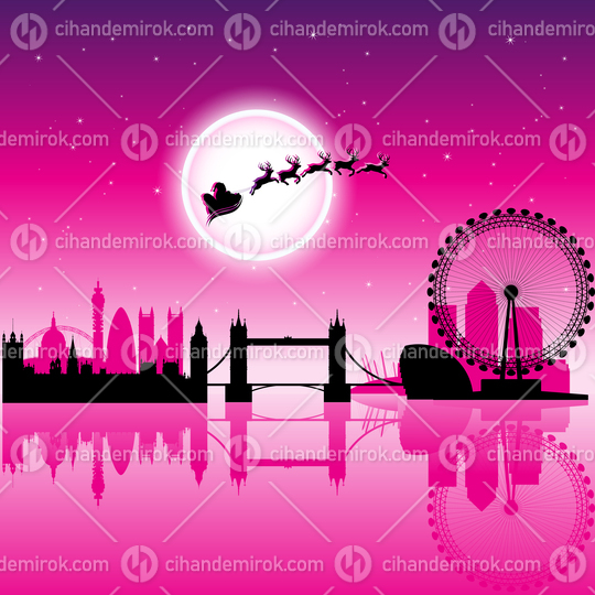 Santa In London over Magenta Night Sky Vector Illustration