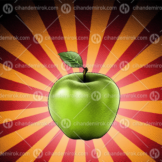 Scratchboard Engraved Apple on Striped Background