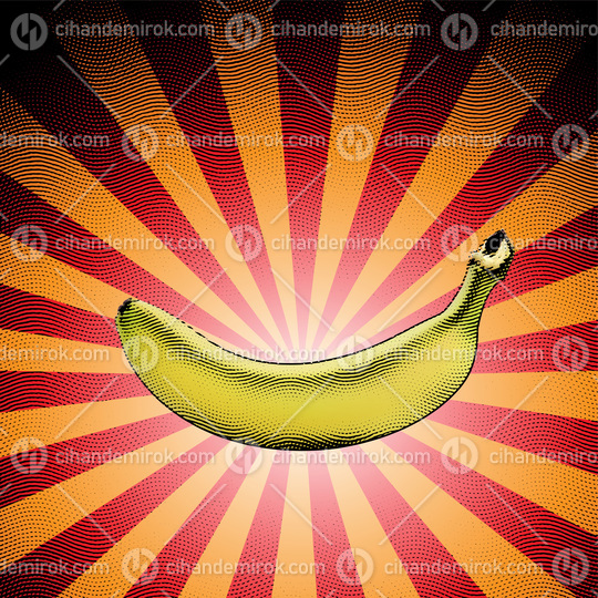 Scratchboard Engraved Banana on Striped Background
