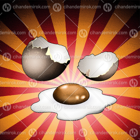 Scratchboard Engraved Broken Egg on Striped Background