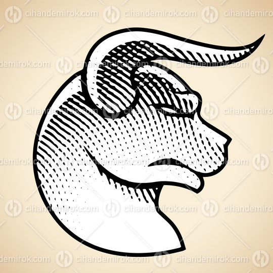 Scratchboard Engraved Bull Profile View with White Fill