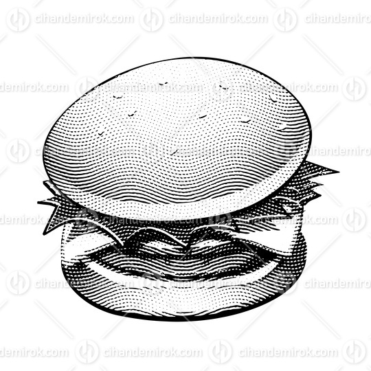 Scratchboard Engraved Burger on White Background