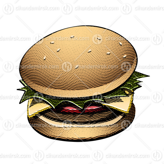 Scratchboard Engraved Burger with Colorful Fill