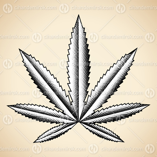 Scratchboard Engraved Cannabis Leaf on a Beige Background