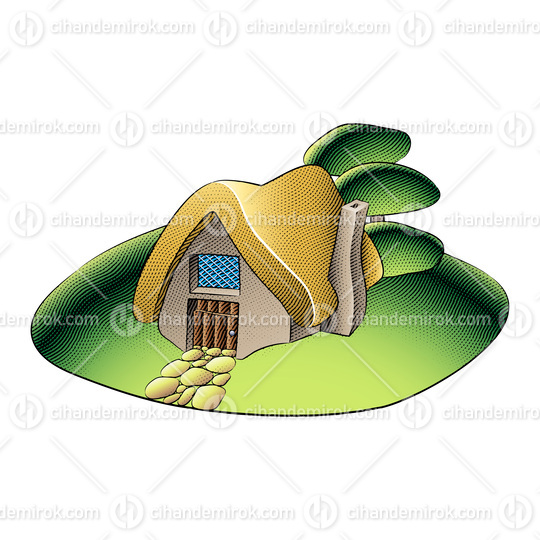 Scratchboard Engraved Fairytale House, Stony Walkway and Trees in a Green Garden
