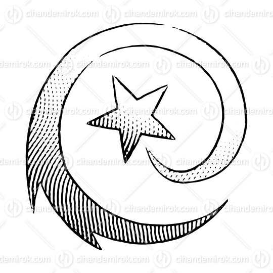 Scratchboard Engraved Icon of Round Shooting Star