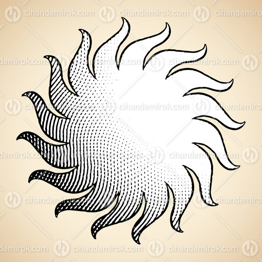 Scratchboard Engraved Icon of Sun with White Fill