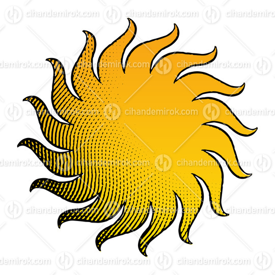 Scratchboard Engraved Icon of Sun with Yellow Fill