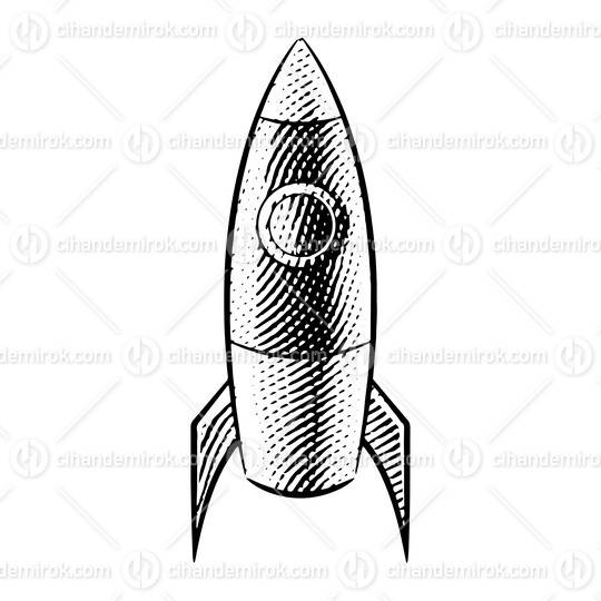 Scratchboard Engraved Illustration of a Rocket