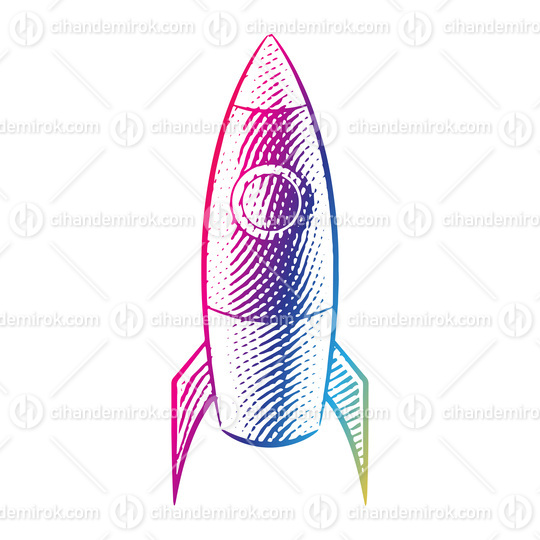 Scratchboard Engraved Illustration of a Rocket in Rainbow Colors