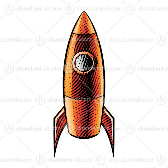 Scratchboard Engraved Illustration of a Rocket with Orange Fill