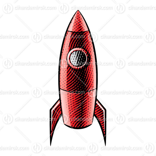 Scratchboard Engraved Illustration of a Rocket with Red Fill