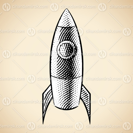 Scratchboard Engraved Illustration of a Rocket with White Fill