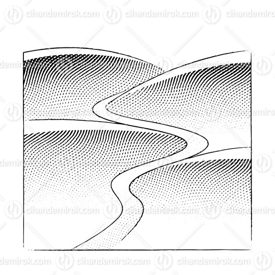 Scratchboard Engraved Illustration of Hills and River