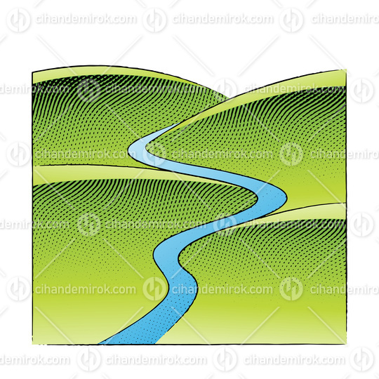 Scratchboard Engraved Illustration of Hills and River with Color
