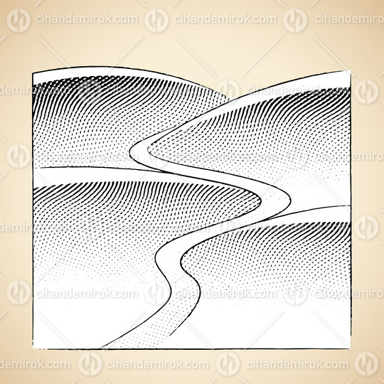 Scratchboard Engraved Illustration of Hills and River with White