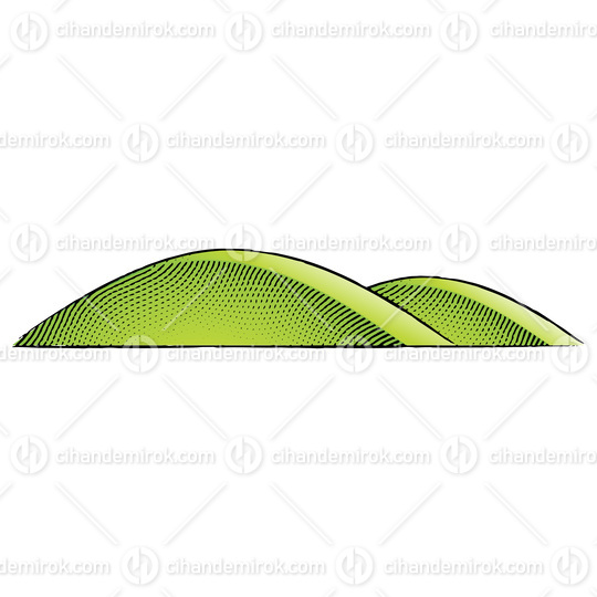 Scratchboard Engraved Illustration of Hills with Green Fill