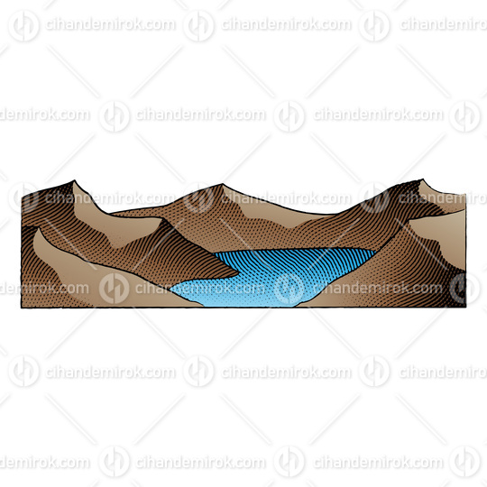 Scratchboard Engraved Illustration of Mountain Lake with Colorfu