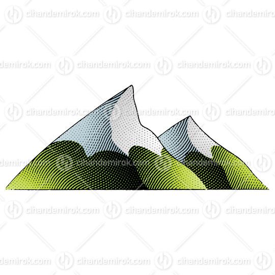 Scratchboard Engraved Illustration of Mountains with Colorful Fi