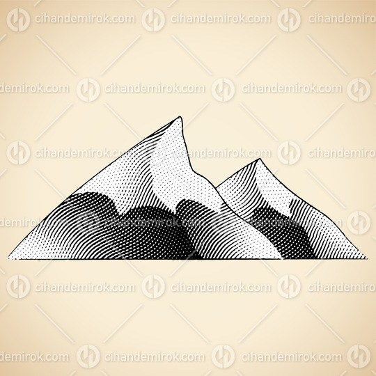Scratchboard Engraved Illustration of Mountains with White Fill