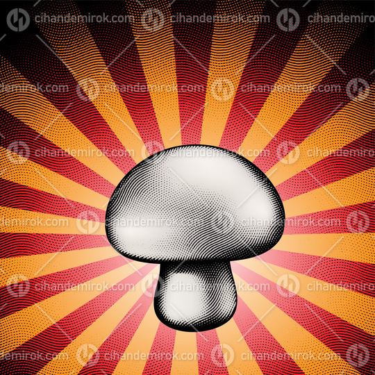 Scratchboard Engraved Mushroom over a Red Striped Background