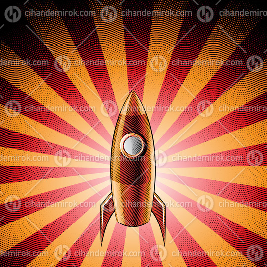 Scratchboard Engraved Orange Rocket Over a Red Striped Background