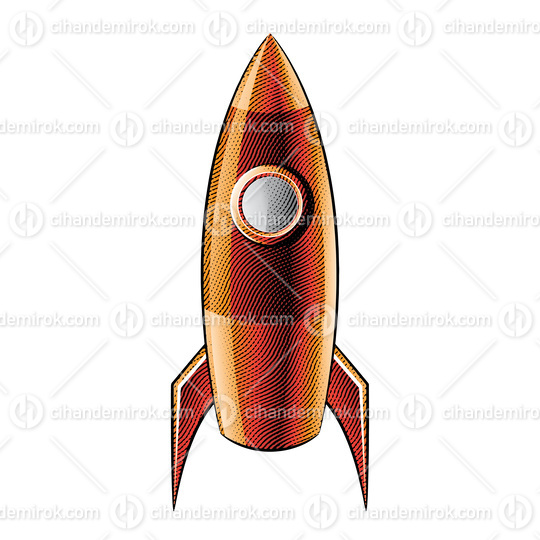 Scratchboard Engraved Orange Rocket Over a White Background