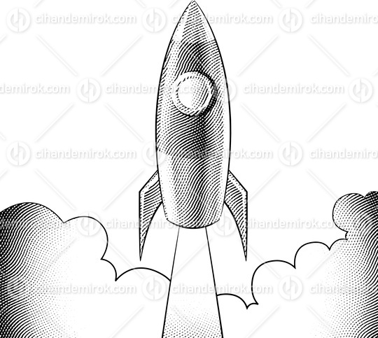 Scratchboard Engraved Rocket Launching Over a White Background