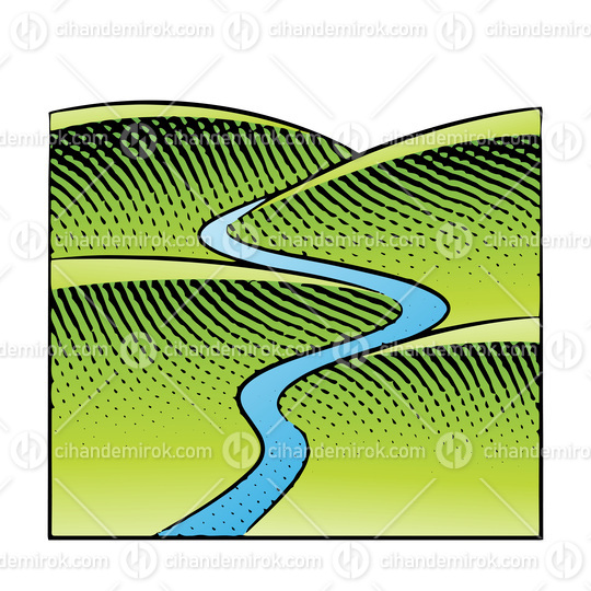Scratchboard Engraving of Hills and River with Colorful Fill