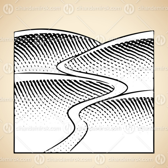 Scratchboard Engraving of Hills and River with White Fill